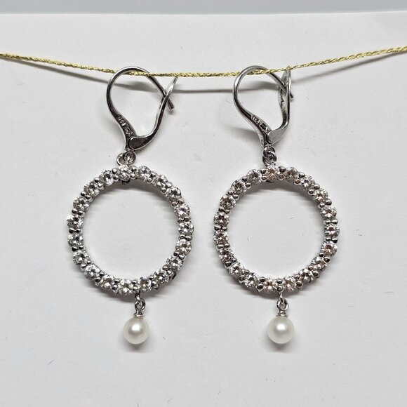 Premier Designs 925 Sterling Silver CZ Crystal Pearl Dangle Earrings Circle - Picture 9 of 12